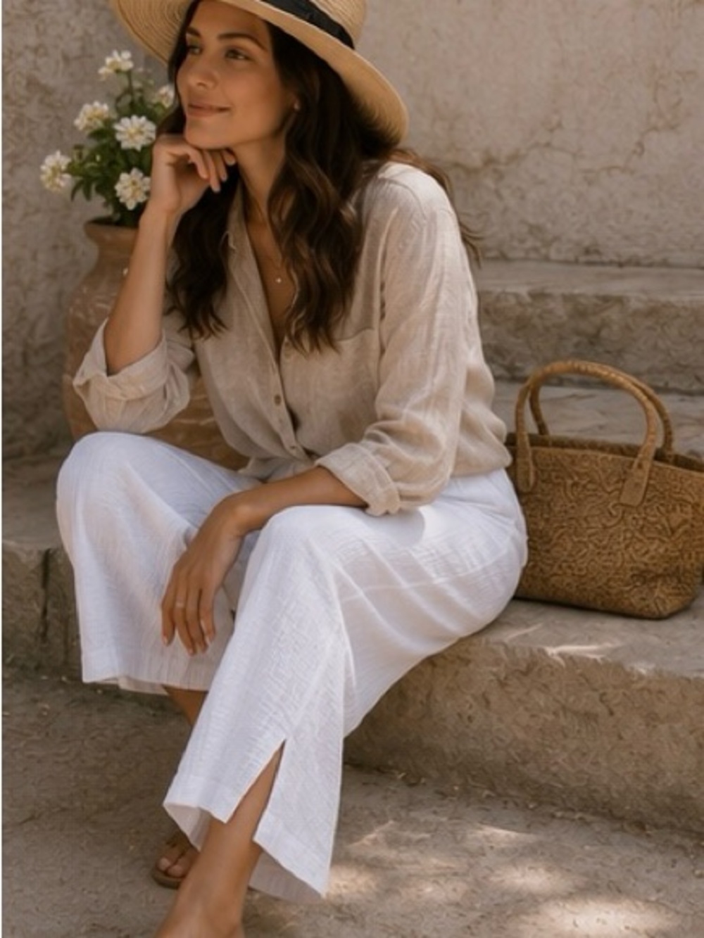 🤍 100% Super Soft Muslin Cotton Kaktus Cottagecore Wide Leg Pants Boho Chic
